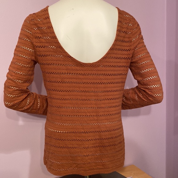 Free People Copper Burnt Orange V-neck Stretchy Long Sleeves Printed Design Top - Picture 3 of 10
